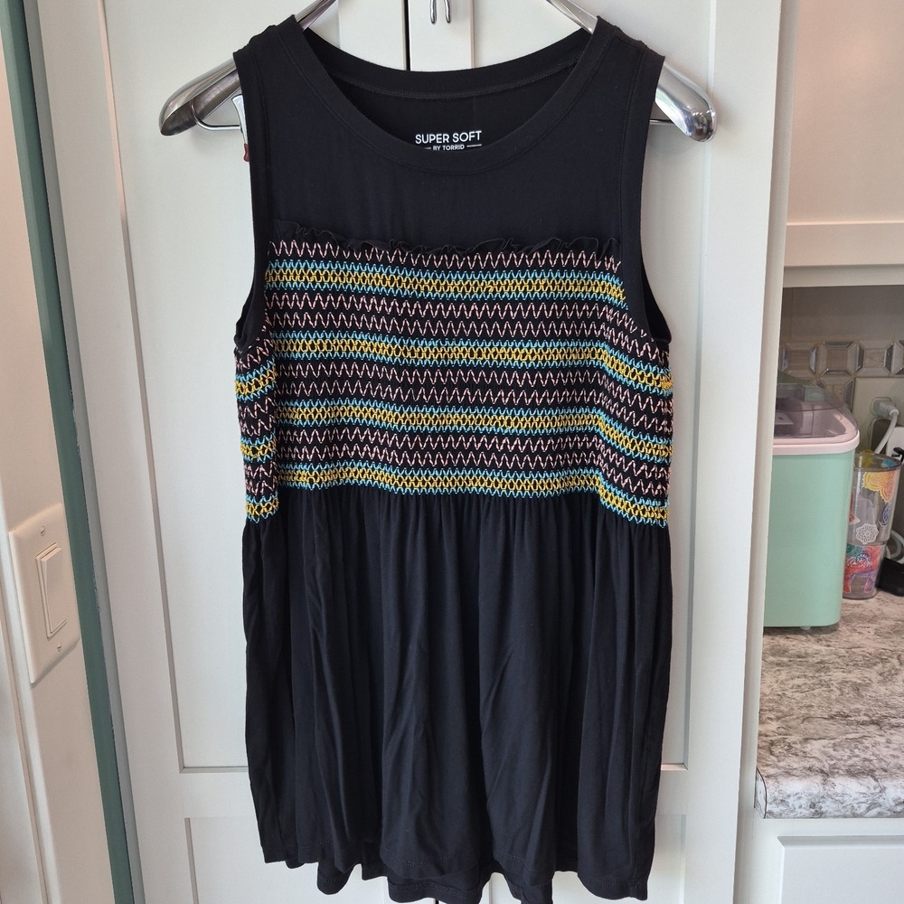 Torrid Super Soft Knit Tank Top 0 Black Smocked Embroidered Bodice